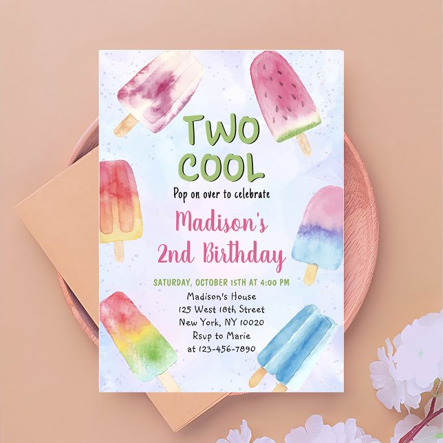 Watercolor Popsicle Party Two Cool 2nd Birthday Invitation (Creator Uploaded)
