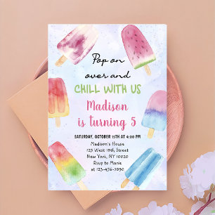 Watercolor Popsicle Pop On Over Birthday Party Invitation
