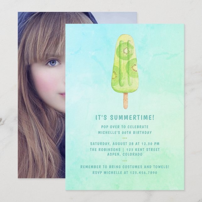 Watercolor Popsicle Summer Birthday Party Photo Invitation (Front/Back)