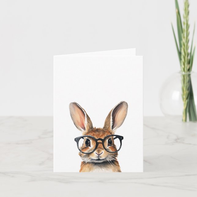 Watercolor Portrait Cute Rabbit With Glasses Card (Front)
