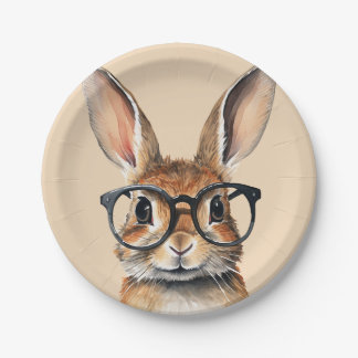 Watercolor Portrait Cute Rabbit With Glasses Paper Plate