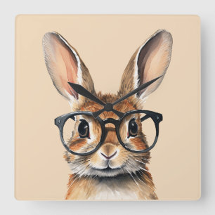 Watercolor Portrait Cute Rabbit With Glasses Square Wall Clock