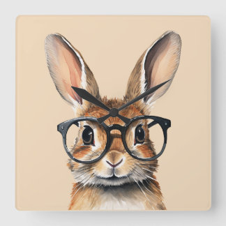 Watercolor Portrait Cute Rabbit With Glasses Square Wall Clock