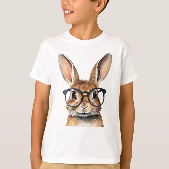 Watercolor Portrait Cute Rabbit With Glasses T-Shirt (Front)