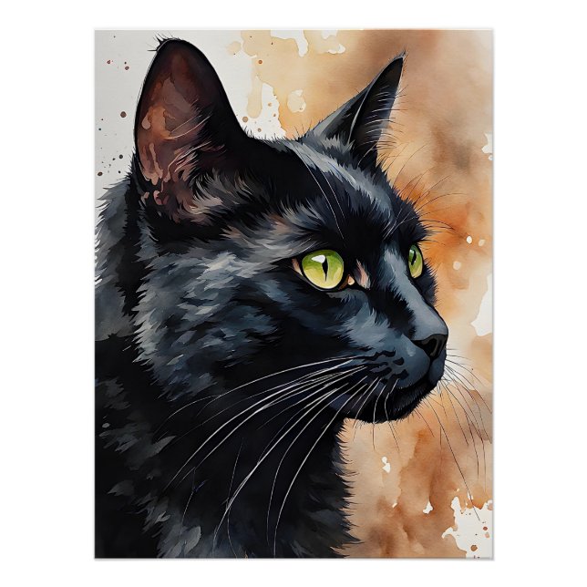 Watercolor Portrait of Black Cat Green Eyes Pose Poster (Front)