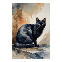 Watercolor Portrait of Black Cat Pose