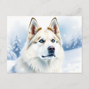 Watercolor Portrait of Siberian Husky in Snowy  Postcard
