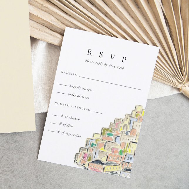 Watercolor Positano Italy Destination Wedding  RSVP Card (Watercolor Positano Italy RSVP wedding response card.)