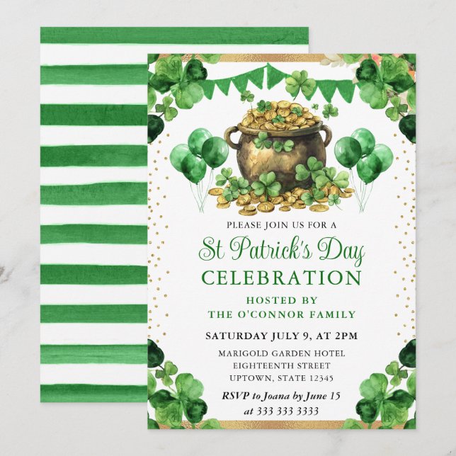 Watercolor Pot of Gold St Patrick's Day Invitation (Front/Back)