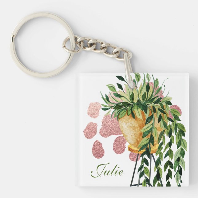 Watercolor Pothos Plant Script Name  Keychain (Front)