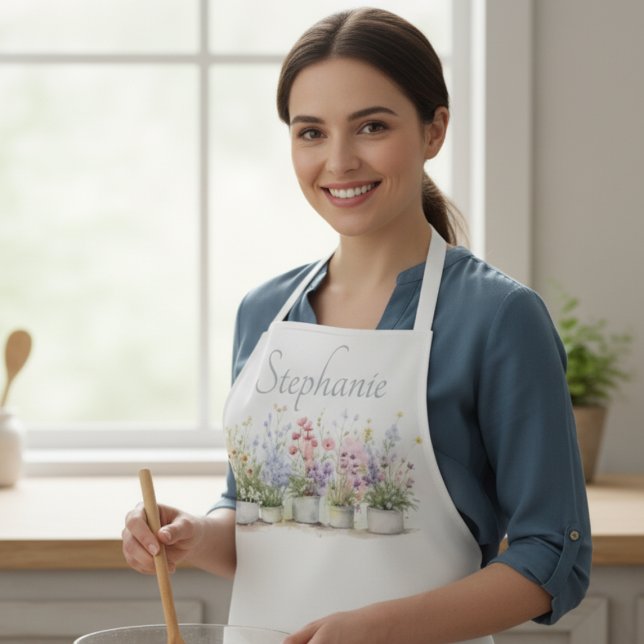 Watercolor Potted Flowers Apron (Potted flowers personalized apron)