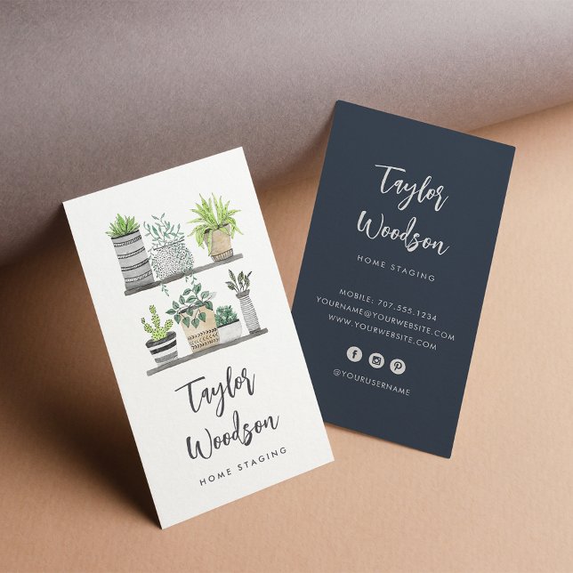 Watercolor Potted Houseplants Signature Script Business Card (Creator Uploaded)