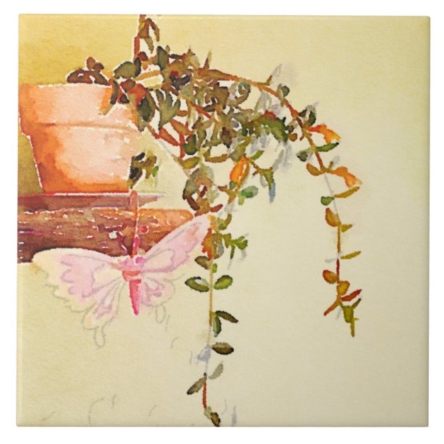 Watercolor Potted Plant and Butterfly Metal Print Tile (Front)
