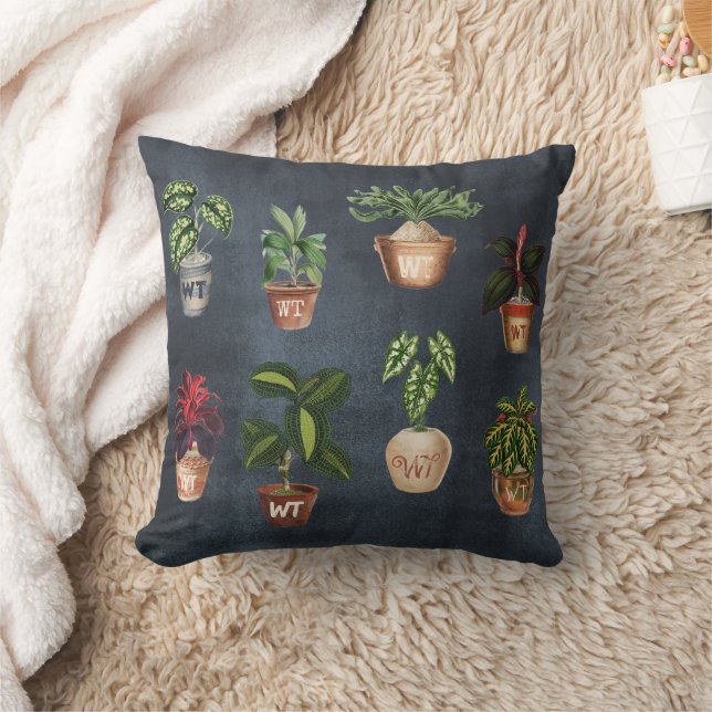 Watercolor Potted Plants Rustic Monogram Black  Throw Pillow (Blanket)