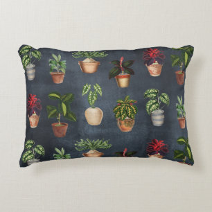 Watercolor Potted Plants Rustic Pattern Black Accent Pillow