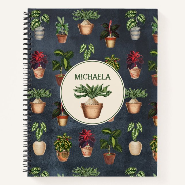 Watercolor Potted Plants Rustic Pattern Black Name Notebook (Front)