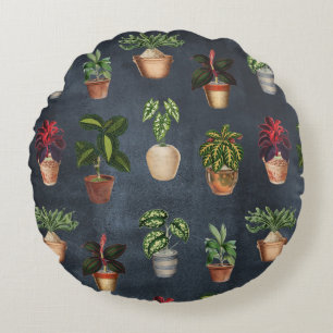 Watercolor Potted Plants Rustic Pattern Black Round Pillow