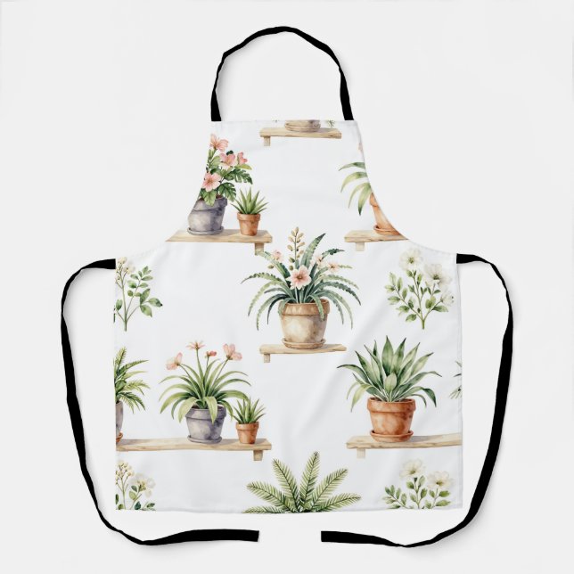 Watercolor Potted Plants Shelf Pattern Apron (Front)
