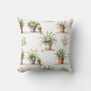 Watercolor Potted Plants Shelf Pattern Throw Pillow