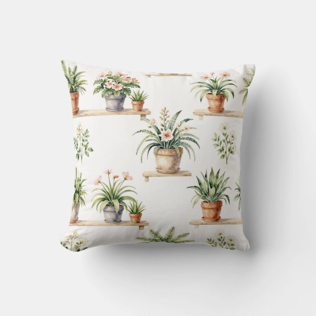 Watercolor Potted Plants Shelf Pattern Throw Pillow (Front)
