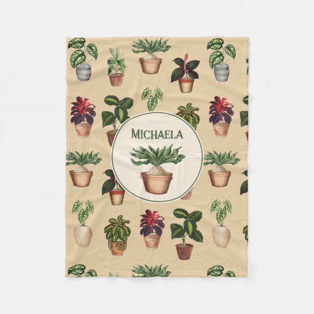 Watercolor Potted Plants Terracotta Pots Name Fleece Blanket (Front)