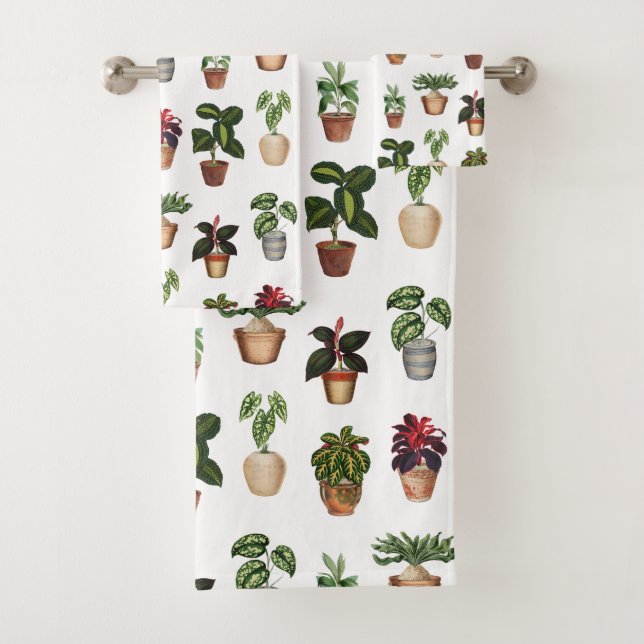 Watercolor Potted Plants Terracotta Pots Pattern  Bath Towel Set (Insitu)