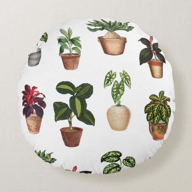 Watercolor Potted Plants Terracotta Pots Pattern  Round Pillow (Front)