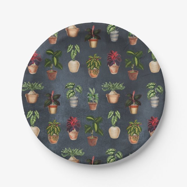 Watercolor Potted Plants Terracotta Pots Rustic Paper Plate (Front)