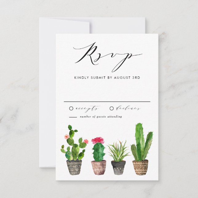 Watercolor Potted Succulents and Cactus Wedding RSVP Card (Front)