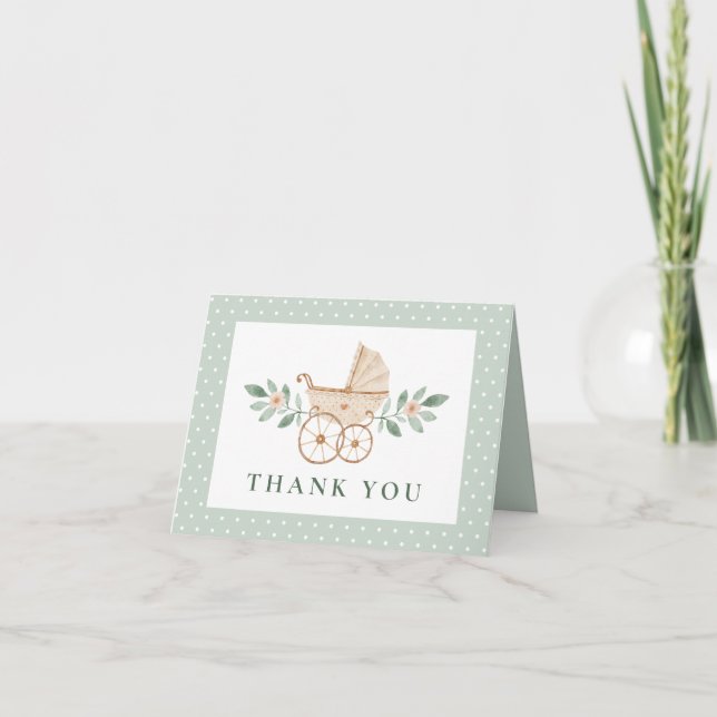 Watercolor Pram Baby Shower Thank You Card (Front)