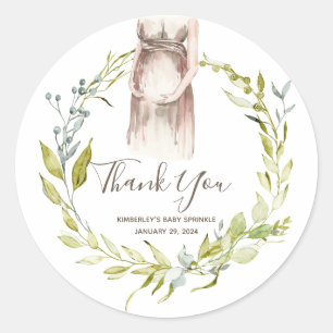 Watercolor Pregnant Woman Baby Shower Favour Class Classic Round Sticker