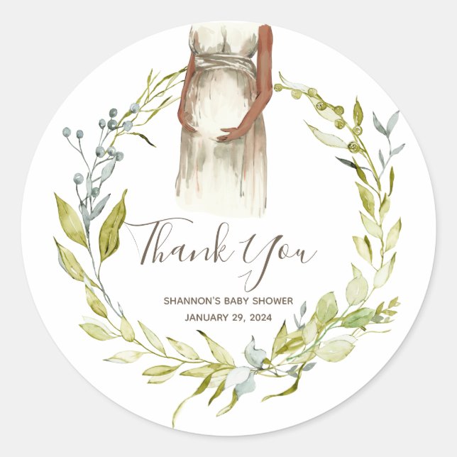 Watercolor Pregnant Woman Baby Shower Favour Classic Round Sticker (Front)