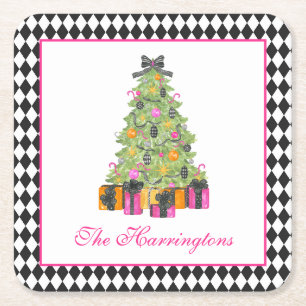 Watercolor Preppy Bright Glamour Christmas Party Square Paper Coaster