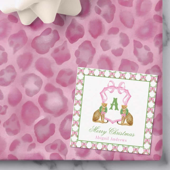 Watercolor Preppy Leopard Christmas Monogram Crest Card (Creator Uploaded)