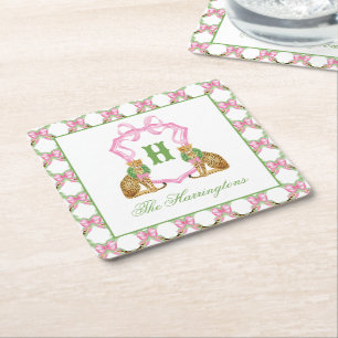 Watercolor Preppy Leopard Christmas Monogram Crest Square Paper Coaster