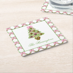 Watercolor Preppy Leopard Christmas Tree Square Paper Coaster