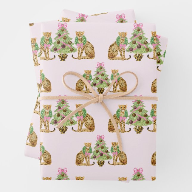 Watercolor Preppy Leopard Christmas Tree Wrapping Paper Sheet (In situ)