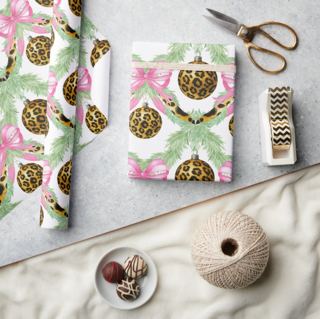 Watercolor Preppy Leopard Garland Christmas Wrapping Paper (Crafts)