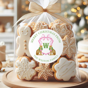 Watercolor Preppy Leopard Monogram Crest Classic Round Sticker