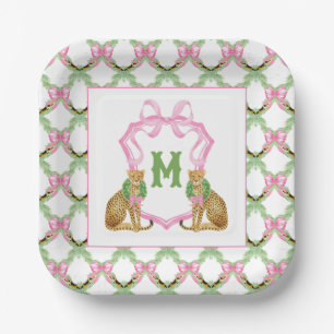 Watercolor Preppy Leopard Monogram Crest Paper Plate