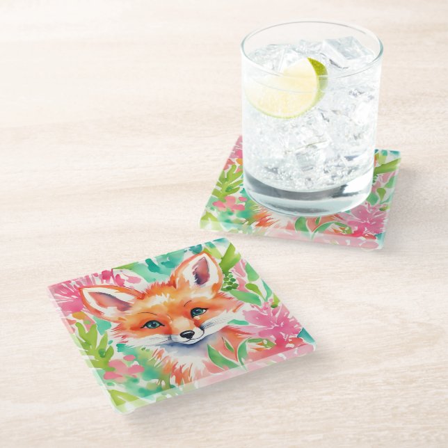 Watercolor Preppy Palm Beach Fox in Flowers Glass Coaster (Angled)