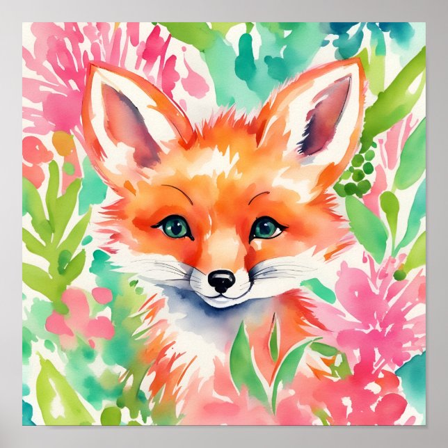Watercolor Preppy Palm Beach Fox in Flowers Poster (Front)