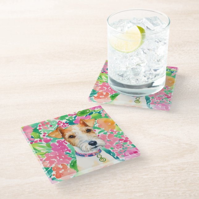 Watercolor Preppy Palm Beach Fox Terrier Dog Glass Coaster (Angled)