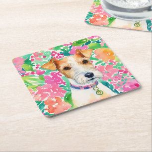 Watercolor Preppy Palm Beach Fox Terrier Dog Square Paper Coaster