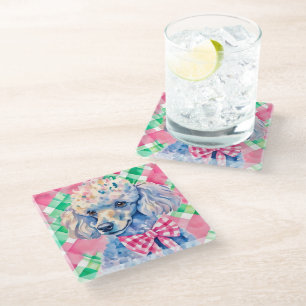 Watercolor Preppy Palm Beach Gingham Poodle Dog Glass Coaster