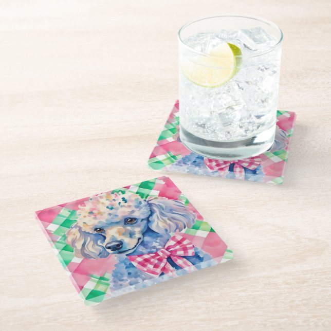 Watercolor Preppy Palm Beach Gingham Poodle Dog Glass Coaster (Angled)