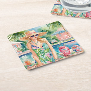Watercolor Preppy Palm Beach Girl at the Pool Square Paper Coaster
