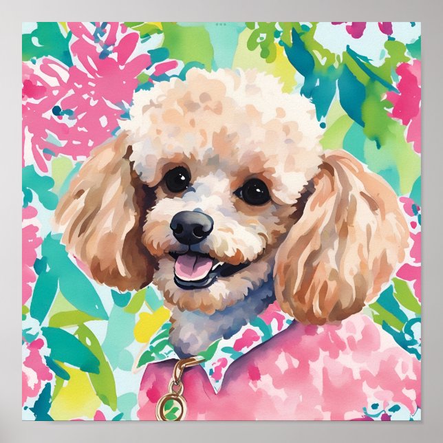 Watercolor Preppy Palm Beach Poodle Dog Poster (Front)