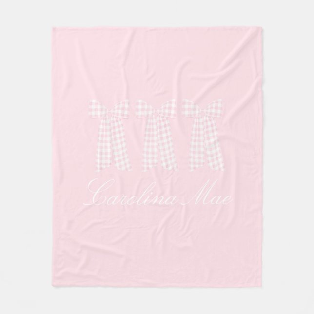 Watercolor Preppy Pink Gingham Bow  Fleece Blanket (Front)