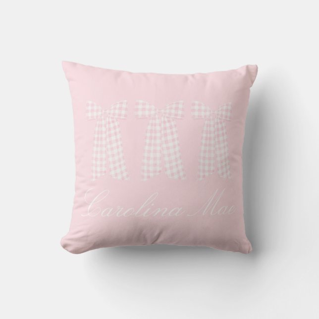 Watercolor Preppy Pink Gingham Bow  Throw Pillow (Front)